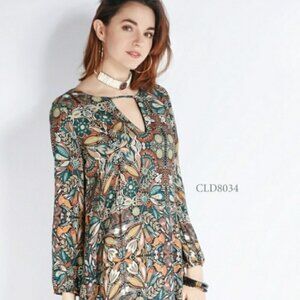 California Moon Rise Bohemian Patterned Lace Hem Sheath Knee Length Dress
